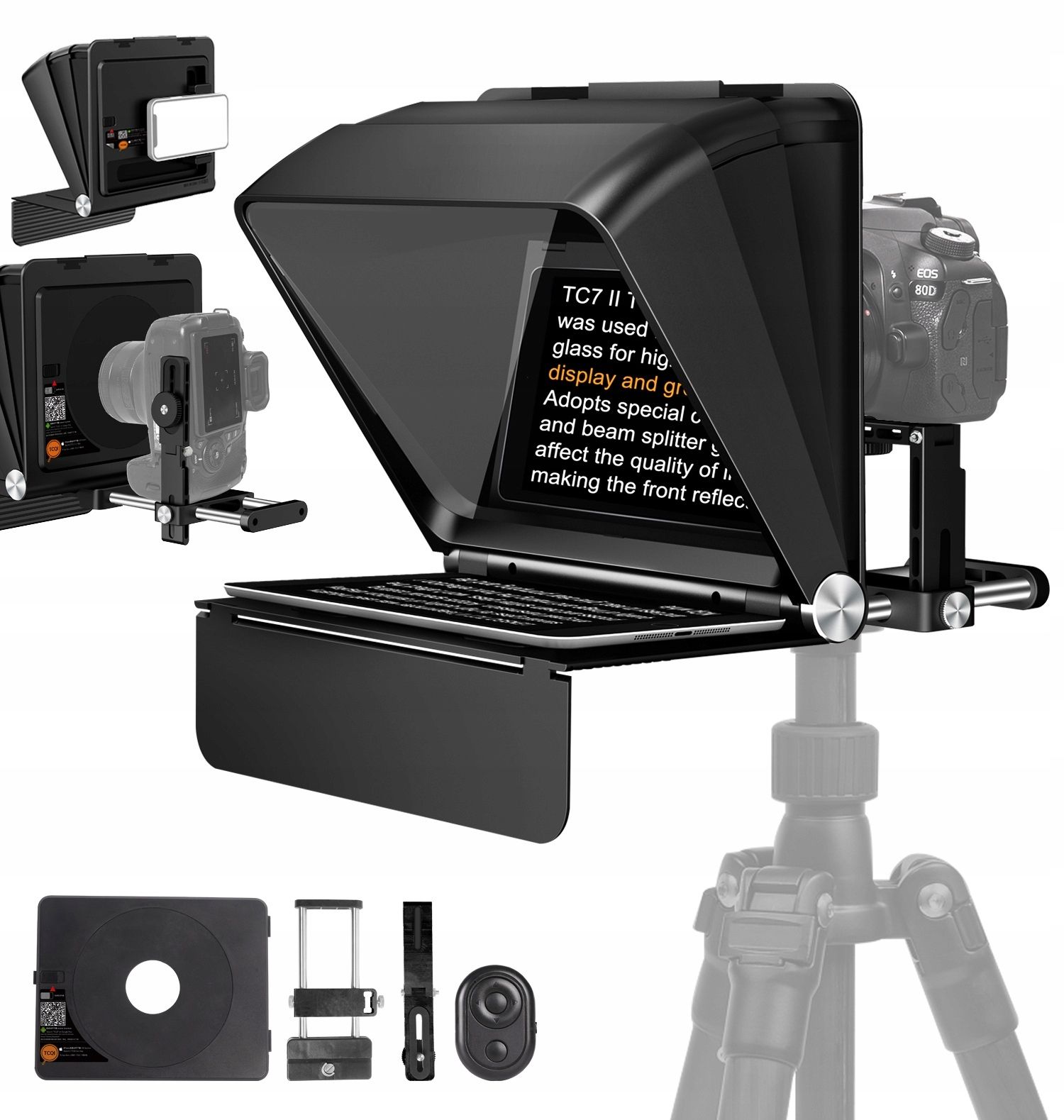 LensGo TC7 II Ultimate Kit 2 az 1-ben összehajtható teleprompter fényképezőgéphez és okostelefonhoz, Bluetooth távirányítóval-11