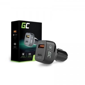 Green Cell autós töltő USB-C (Type-C) + 1 USB QC 3.0 3A csatlakozóval fekete (CAD33)