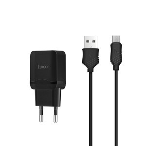 Hoco hálózati, USB fali töltő adapter Micro USB kábellel USB csatlakozóval 2,4A fekete