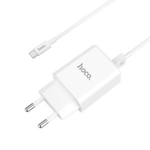 Hoco hálózati, USB fali töltő adapter 2xUSB 2.1A fehér Type-C kábellel