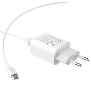 Hoco hálózati, USB fali töltő adapter 2xUSB 2.1A fehér Type-C kábellel