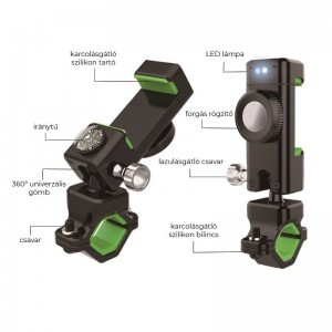 SMD XWJ-G univerzális biciklis, kerékpáros, motoros telefontartó LED világítással, iránytűvel, zöld-fekete