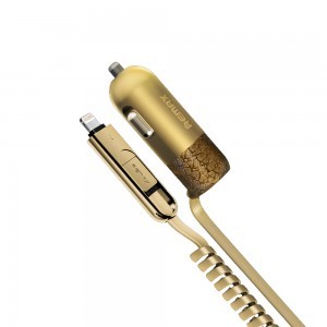 Remax Finchy szivargyújtós autós töltő Lightning/Micro USB kábellel 3.4A arany