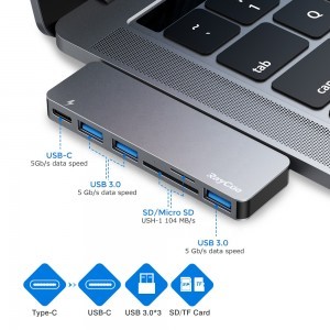 RayCue USB elosztó HUB MacBook-hoz szürke színben, Type-C, USB 3.0, SD, Micro SD, TF