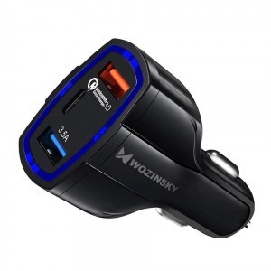 Wozinsky szivargyújtós autós töltő 3.5A 2xUSB/ USB Type-C QC 3.0 fekete