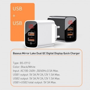 Baseus Mirror Lake Travel hálózati USB töltő adapter digitális kijelzővel gyorstöltő 2x USB 3.0 18W fekete (CCJMHA-A01)