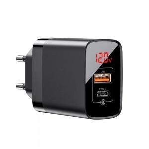 Baseus Mirror Lake PPS Travel hálózati USB töltő adapter digitális kijelzővel gyorstöltő 1x USB 3.0 1x USB-C 18W fekete (CCJMHC-A01)