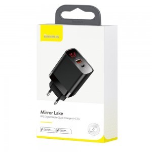 Baseus Mirror Lake PPS Travel hálózati USB töltő adapter digitális kijelzővel gyorstöltő 1x USB 3.0 1x USB-C 18W fekete (CCJMHC-A01)
