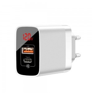 Baseus Mirror Lake PPS Travel hálózati USB töltő adapter digitális kijelzővel gyorstöltő 1x USB 3.0 1x USB-C 18W fehér (CCJMHC-A02)