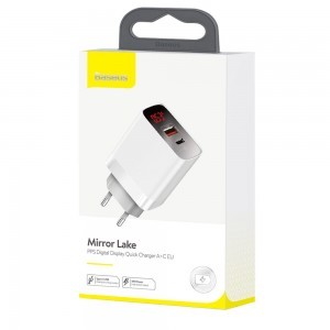 Baseus Mirror Lake PPS Travel hálózati USB töltő adapter digitális kijelzővel gyorstöltő 1x USB 3.0 1x USB-C 18W fehér (CCJMHC-A02)