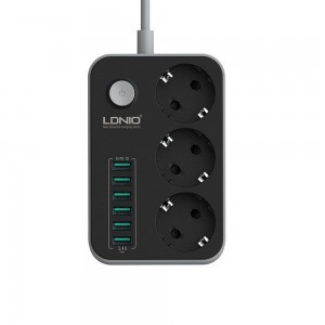 Hálózati elosztó 3x aljzat/ 6x USB porttal fekete (SE3631) LDNIO 3.4 antisztatikus 1.6m-3