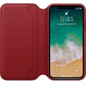 Apple bőr Flip tok iPhone X/XS piros színben gyári (MRQD2ZM/A)