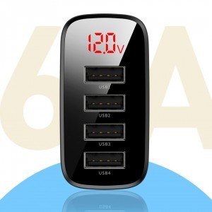 Baseus Mirror Lake Travel hálózati USB töltő adapter digitális kijelzővel 4xUSB 30W 6A fekete (CCJMHB-B01)