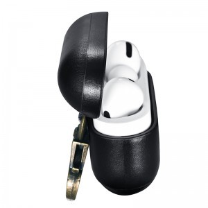 Icarer fokozott védelmet biztosító valódi bőr Airpods Pro 1/2 tok kulcstartóval fekete