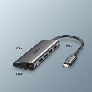 Ugreen multifunkciós USB Type-C 3.0 HUB/ USB-C PD/3xUSB 3.0/ 4K 30 Hz HDMI/ SD és Micro SD kártyaolvasó/RJ45 1000Mbps network adapter/VGA szürke