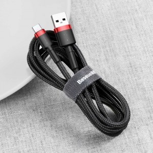 Baseus Cafule Nylon harisnyázott USB/USB-Type C kábel QC3.0 2A 2m fekete/piros (CATKLF-C91)