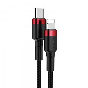 Baseus Cafule Nylon harisnyázott USB-Type C PD/ Lightning kábel 18W QC3.0 1m fekete/piros (CATLKLF-91)