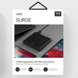 UNIQ Surge 90W 2xUSB Quick Charge 3.0 + 2xUSB-C PD 3.0 HUB, töltőállomás szénfekete-2