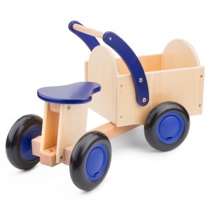 Fából készült bicikli szállítórekesszel fa-kék színben gyerekjáték, gyerekkocsi