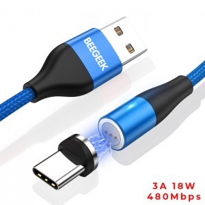 BeeGeek AM60 USB kábel 1M 3A 18W QC 3.0 gyorstöltés USB-C, Type-C mágneses fejjel, 1m kék