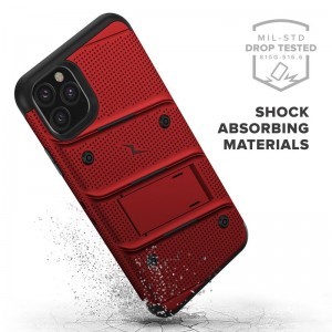 Phone 11 Pro Max ütésálló tok övcsipesszel Zizo Bolt katonai minősítésű + üvegfólia piros-fekete