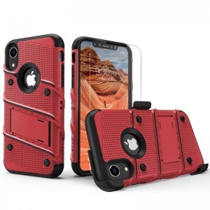 Zizo Bolt katonai minősítésű ütésálló tok iPhone XR övcsipesszel + üvegfólia piros-fekete