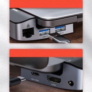 Baseus Multifunkciós laptop állvány HUB USB Typ C - USB 3.0 / RJ45 / 3.5mm mini jack / HDMI / USB Typ C / Thunderbolt 3 Macbook Pro szürke (CAHUB-AJ0G)