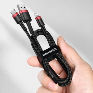 USB/USB-Type C/ Lightning kábel 18W 2,4A 480 Mbps 1,2m szürke Baseus Cafule Nylon harisnyázott (CATKLF-ELG1)-4