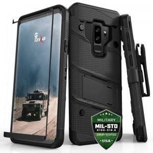 Zizo Bolt katonai minősítésű ütésálló tok Samsung Galaxy S9 Plus övcsipesszel + üvegfólia fekete