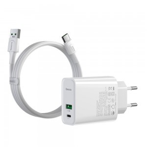 Baseus USB / USB Type-C gyorstöltő fali adapter VOOC Quick Charge 4.0+ Power Delivery 3.0 + USB - USB Type-C kábel 1m fehér