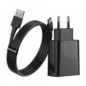 Baseus USB / USB Type-C gyorstöltő fali adapter VOOC Quick Charge 4.0+ Power Delivery 3.0 + USB - USB Type-C kábel 1m fekete