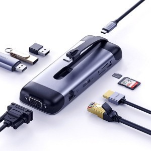 Ugreen 9in1 multifunkcionális HUB USB Type C - HDMI / 3x USB 3.2 Gen 1 (5 Gbps) / SD micro SD kártyaolvasó / VGA / RJ45 / USB Type C Power Delivery 100 W 20 V 5 A szürke (70409 CM286)
