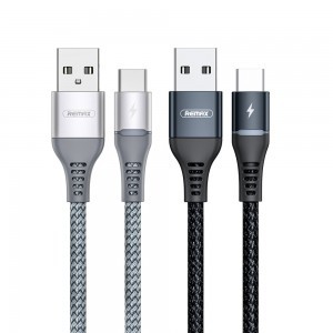 Remax Durable Nylon harisnyázott USB - USB Type C kábel LED világítással 2,4 A 1m fekete (RC-152a)