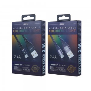 Remax Durable Nylon harisnyázott USB - USB Type C kábel LED világítással 2,4 A 1m fekete (RC-152a)