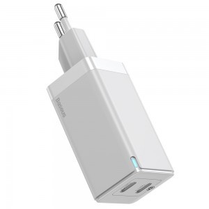 Baseus GaN hálózati gyorstöltő adapter PPS 45 W (20 V / 3 A) 2x USB Type C Quick Charge 3.0 Power Delivery SCP FCP AFC (gallium nitrid) fehér (CCGAN-M02)