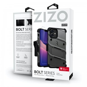 Zizo Bolt katonai minősítésű ütésálló tok iPhone 12/iPhone 12 Pro övcsipesszel + üvegfólia szürke