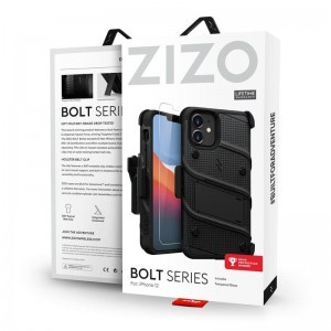 iPhone 12 Mini Zizo Bolt katonai minősítésű ütésálló tok övcsipesszel + üvegfólia fekete
