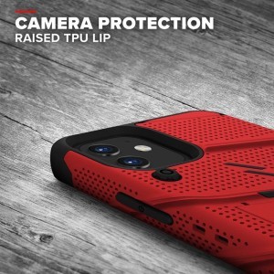 iPhone 12 Mini Zizo Bolt katonai minősítésű ütésálló tok övcsipesszel + üvegfólia piros-fekete