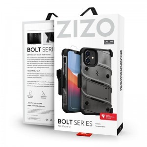 Zizo Bolt katonai minősítésű ütésálló tok iPhone 12 Mini övcsipesszel + üvegfólia szürke
