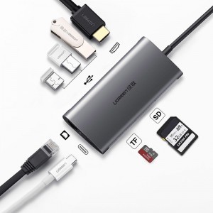 Ugreen USB Type-C HUB 3x USB 3.0 / SD és micro SD kártyaolvasó / RJ45 1000Mbps hálózati adapter / HDMI szürke (50538)