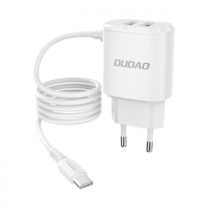 Dudao 2x USB hálózati töltő beépített USB Type-C kábellel 12W fehér (A2ProT)