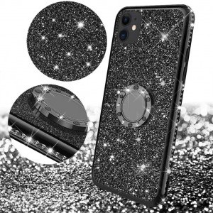 iPhone 12 mini Diamond csillogó tok gyűrű támasszal fekete