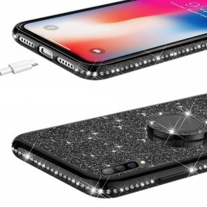 Diamond csillogó tok gyűrű támasszal iPhone 12/ 12 Pro fekete