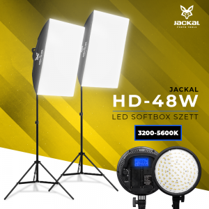 Jackal HD-48W LED softbox szett, 3200-5600K tápegységgel, NP-F akkumulátor foglalattal 2M állvánnyal