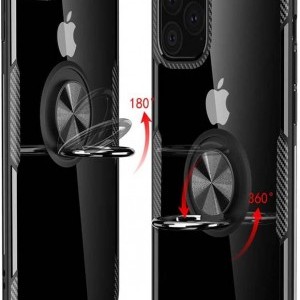 iPhone 12/ 12 Pro Clear Carbon szénszál mintás tok gyűrű támasszal fekete