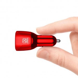 KAKU Jinba 3in1 Univerzális autós töltő 2.4A 2xUSB (USB Type C + Lightning + Micro USB) piros