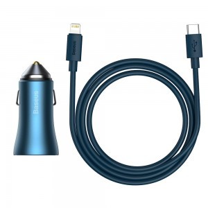 Baseus Golden Contactor Pro Autós szivargyújtós töltő USB Type-C / USB 40W PD3.0 QC4.0+ SCP FCP AFC + Lightning kábel kék (TZCCJD-03)