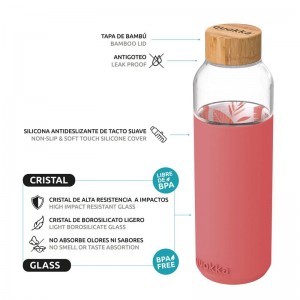 Quokka Flow üveg kulacs szilikon borítással 660 ml Inner Pink Botanical