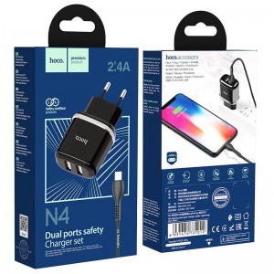 Hoco N4 Hálózati töltő adapter 2.4A 2xUSB + Lightning kábel 1m fekete