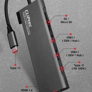 Cliptec USB HUB Adapter, USB Type-C Csatlakozással - 2xUSB 3.1 + USB Type-C + HDMI + SD/ Micro SD kártyaolvasó Aljzattal Szürke